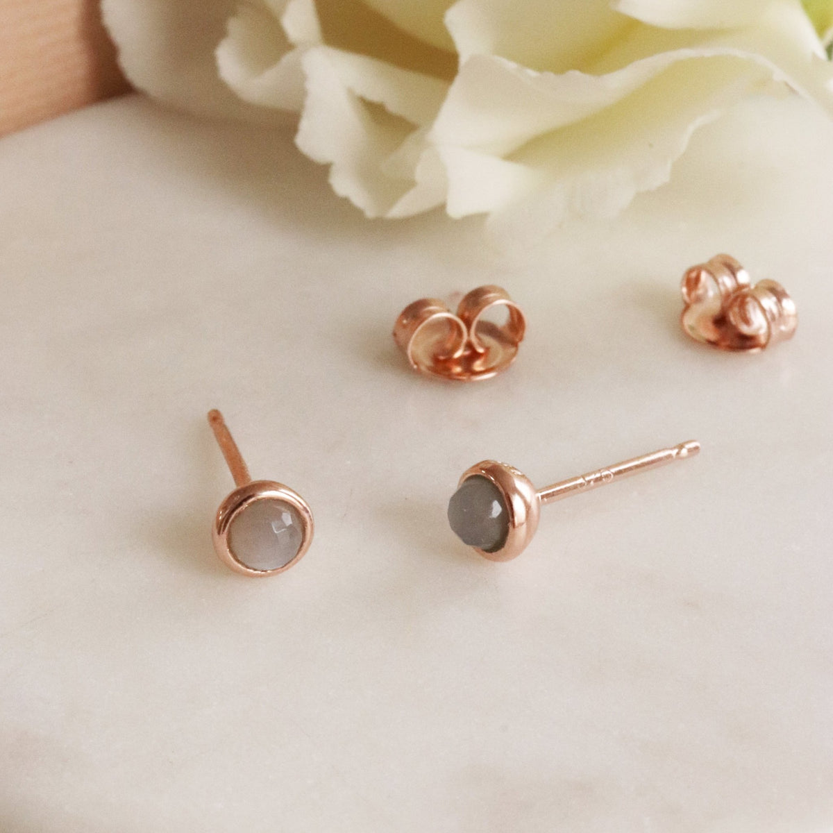 TINY PROTECT STUD EARRINGS - GREY MOONSTONE &amp; ROSE GOLD - SO PRETTY CARA COTTER