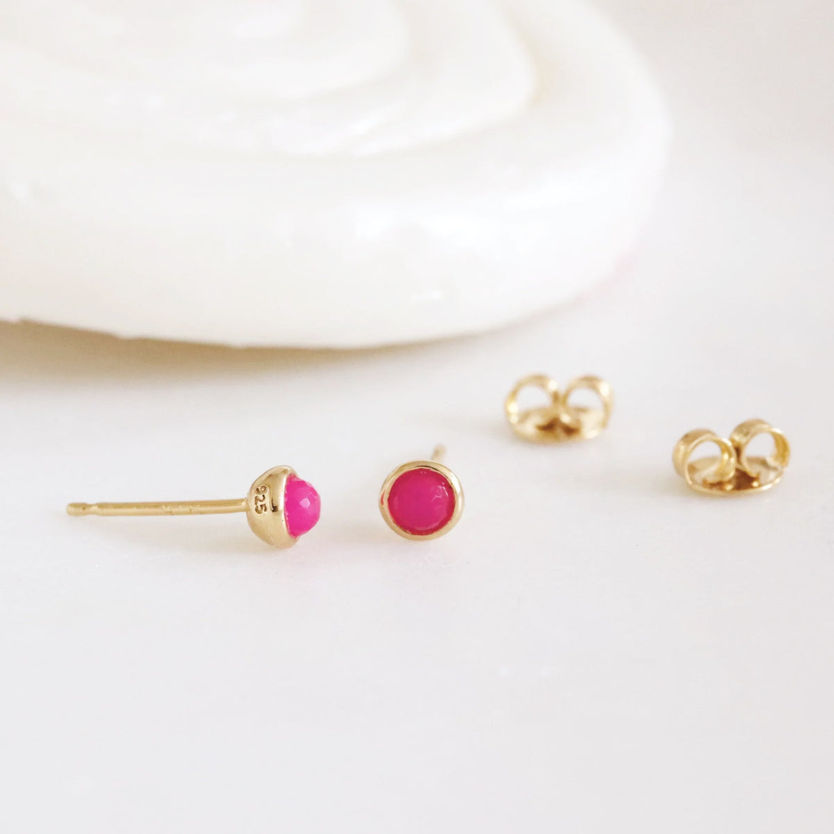 TINY PROTECT STUD EARRINGS - HOT PINK CHALCEDONY &amp; GOLD - SO PRETTY CARA COTTER