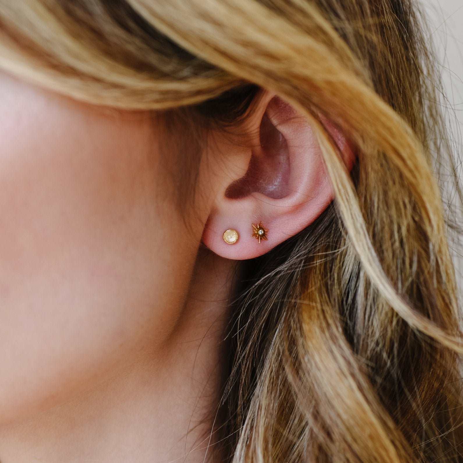 TINY PROTECT STUD EARRINGS - RAINBOW MOONSTONE & GOLD - SO PRETTY CARA COTTER